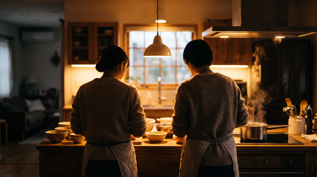 Deux personnes de dos devant un plan de travail, lumière du soir
