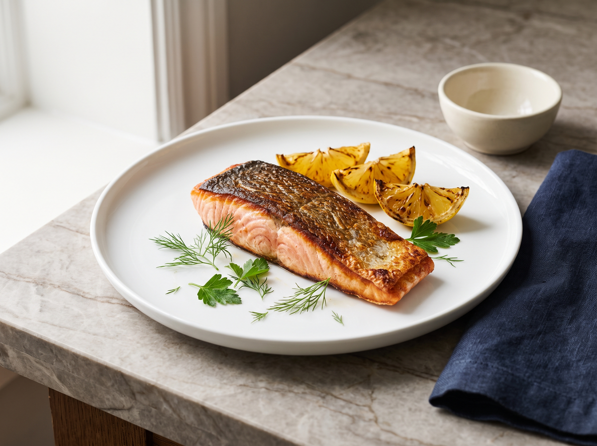 Saumon croustillant, citron et herbes fraîches