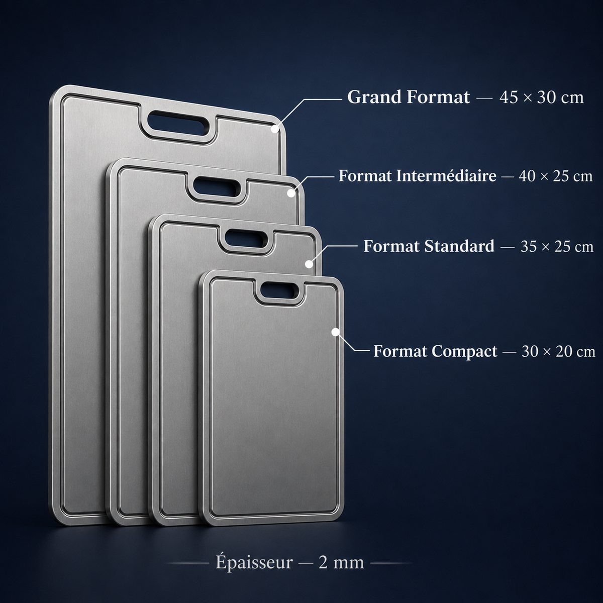 Planches à découper en titane Maison Ferré® : quatre formats de 30 × 20 à 45 × 30 cm, épaisseur 2 mm
