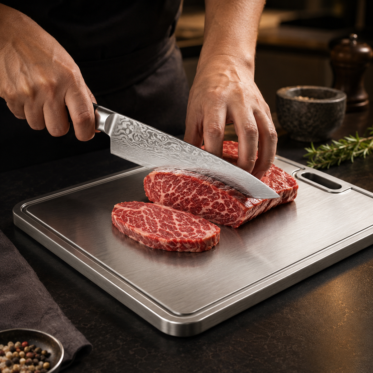 Découpe de viande au couteau sur une planche à découper en titane Maison Ferré®