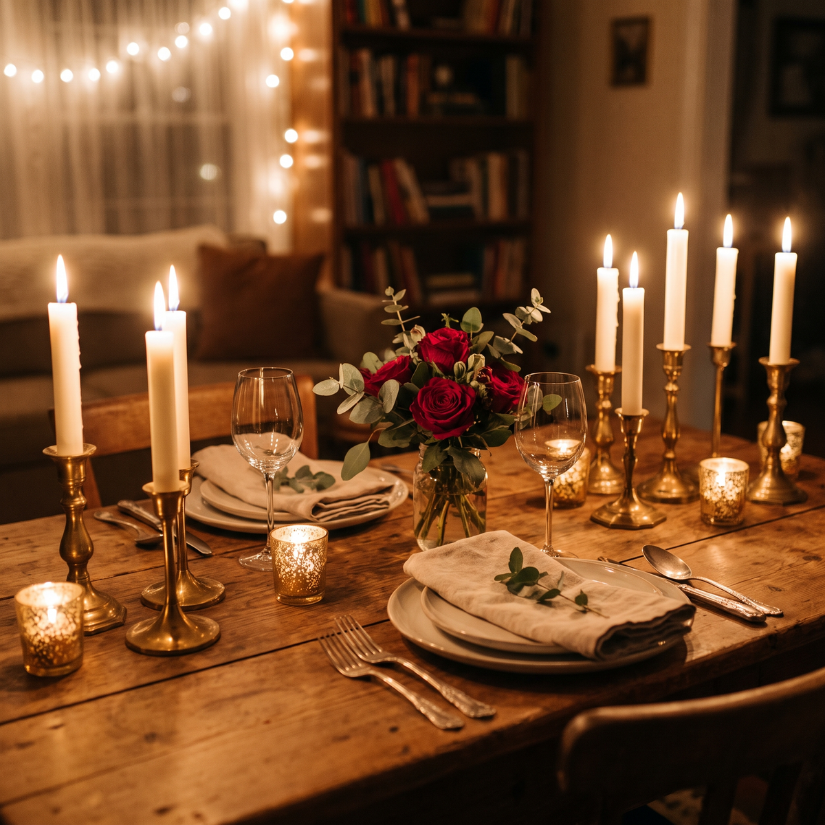 Table dressée, deux couverts, lumière basse