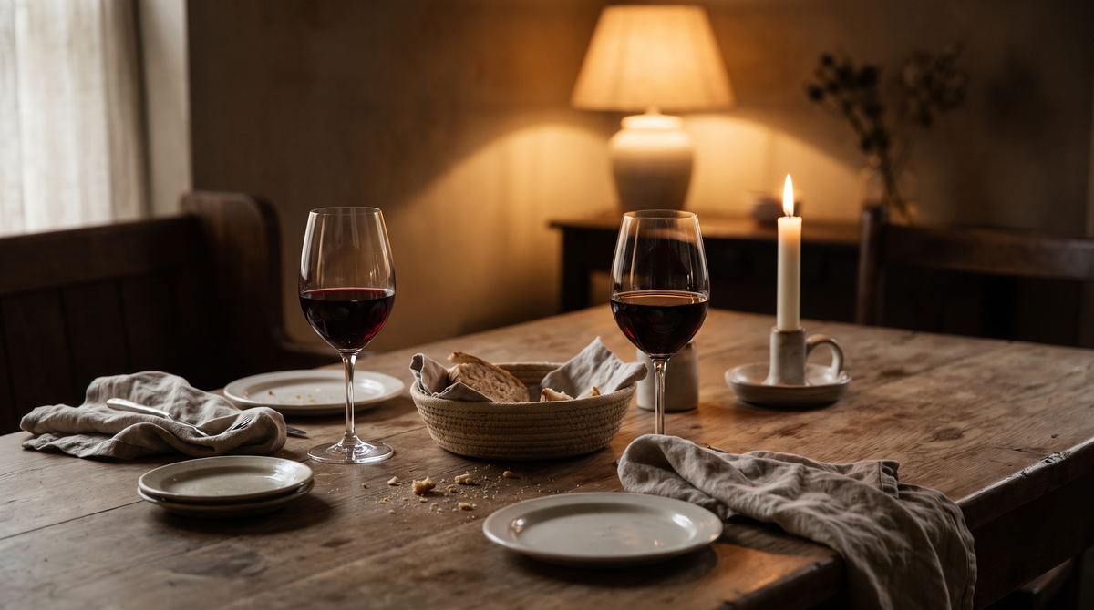 Deux verres, table desservie à moitié