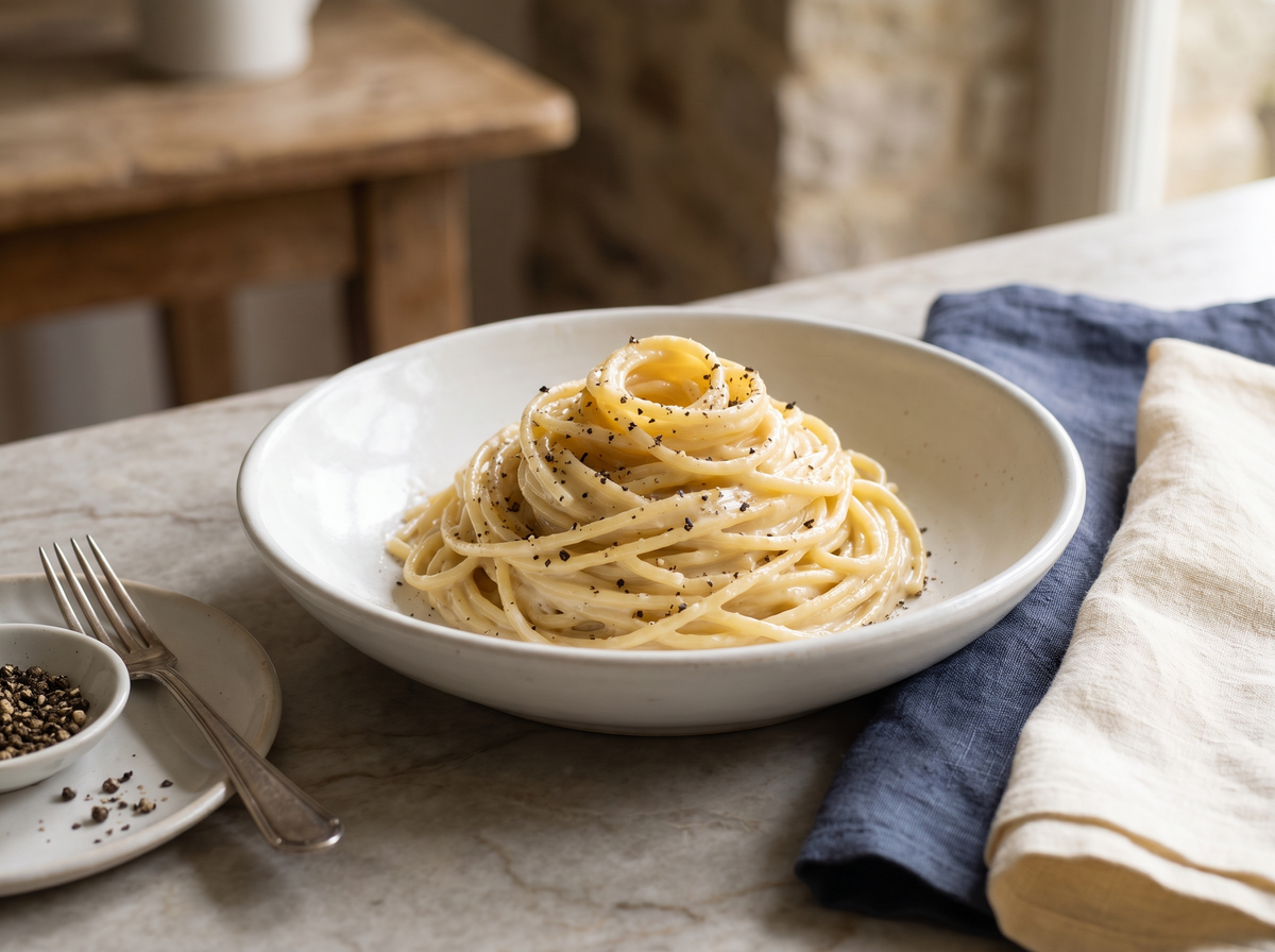 Cacio e pepe crémeux, spaghetti au pecorino et poivre noir