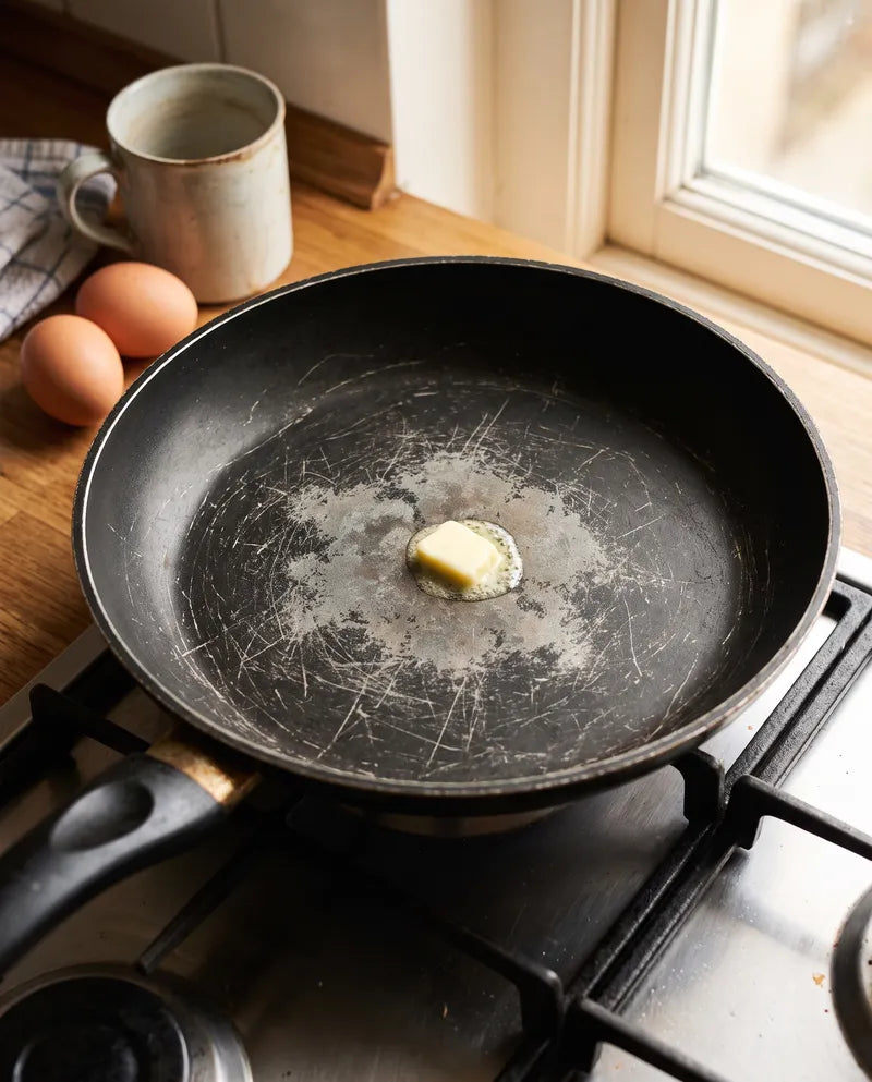 Eine gewöhnliche Antihaftpfanne mit zerkratzter, ausgeblichener Mitte, darin schmelzende Butter, daneben Eier am Herd